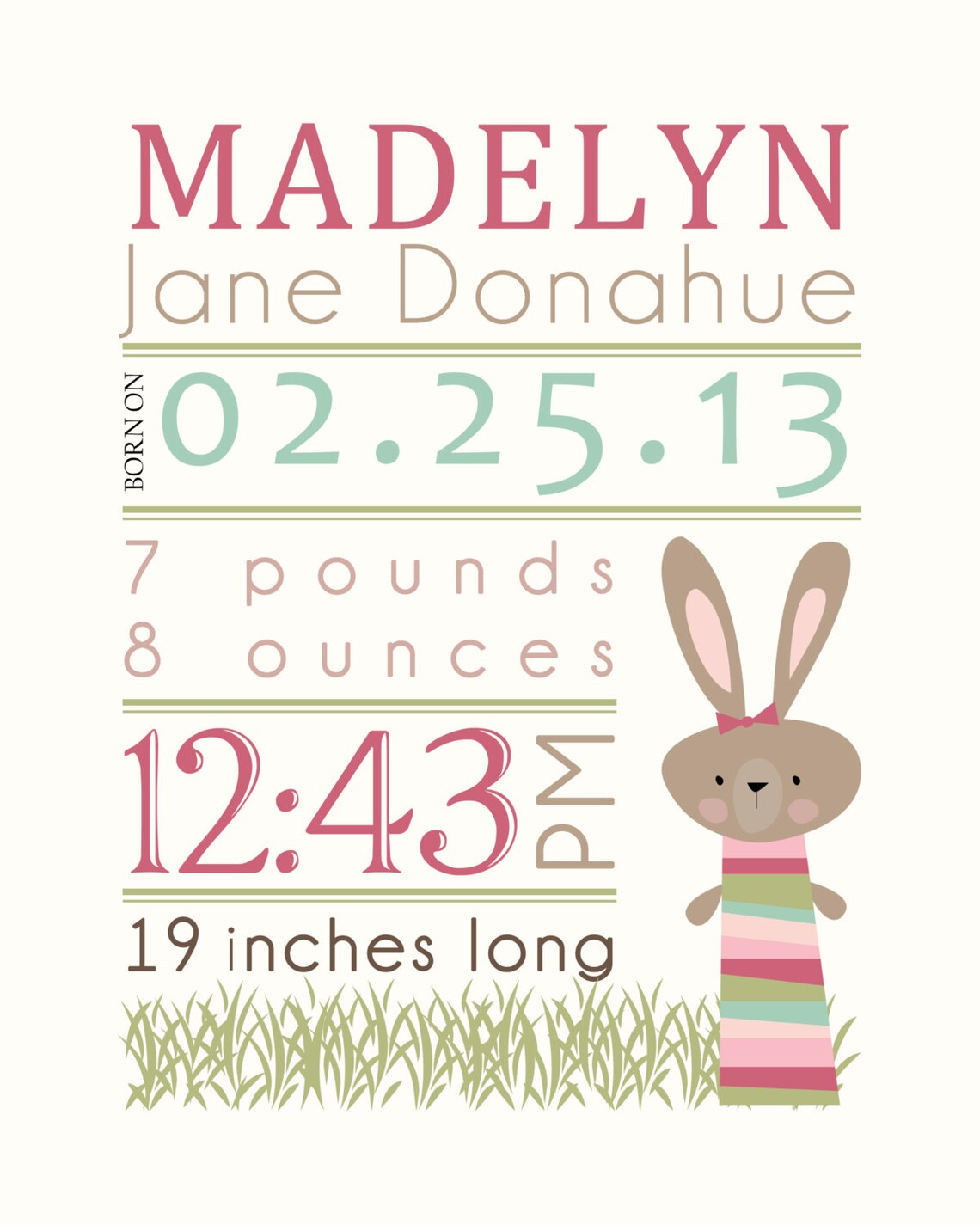 Rabbit Nursery Print, Birth Statistics, Gift for Baby, Custom Birth ...