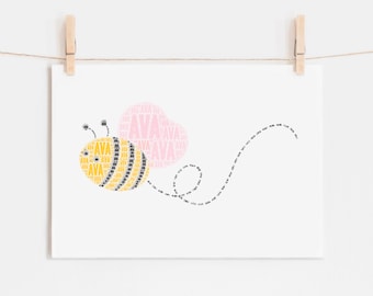 Personalized BEE Art Print, Custom Honey Bee Gift, Insect Nursery Wall Art, Bug Print Kids Room, Bee Decor, Typography Print, Name Art