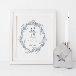 May include: A framed print with a watercolor wreath of leaves and two sets of baby footprints. The text reads "I carried you every second of your life and I will love you every second of mine."