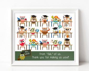 Teacher Gifts, Owl Themed Art Print, Gift from Class, End of Year Gift, Thank you Teacher, Personalize with Teachers Name, Gift from Student