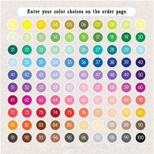 May include: A color chart with 100 different colored circles numbered 1 to 100. The circles are arranged in 10 rows of 10 circles each. The colors range from light to dark and include shades of yellow, green, blue, purple, pink, red, orange, brown, and gray.