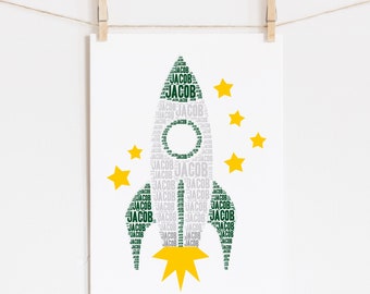 Personalized ROCKET Art Print, Spaceship Wall Art, Space Theme Room Decor, Rocket Poster, Name Art Typography Print, Boys Bedroom Decor