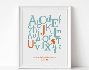 Personalized ABC Alphabet Print with Baby Initials - Nursery Typography Wall Art Print - Gift for Babies, Newborns, Baby Showers, New Moms