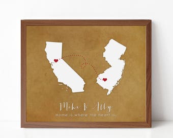 Two State Silhouette Map Print, Custom Going Away Gift, Moving Gift, Long Distance Relationship, Gift from Realtor to Clients