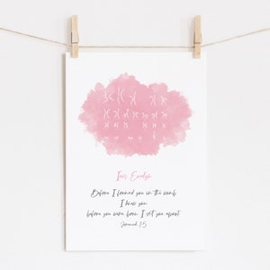 May include: A pink watercolor background with white text that reads "Iris Evelyn" and a Bible verse: "Before I formed you in the womb I knew you, before you were born I set you apart. Jeremiah 15."