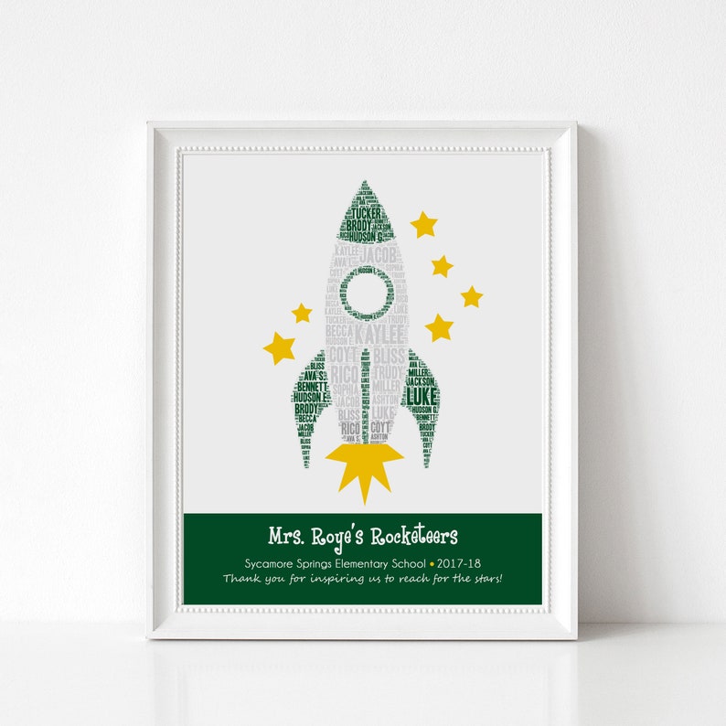Rocket TEACHER Gift, Personalized Rocket Print with Student Names, Custom Spaceship Art Print, Personalize with Name, School, Year image 1