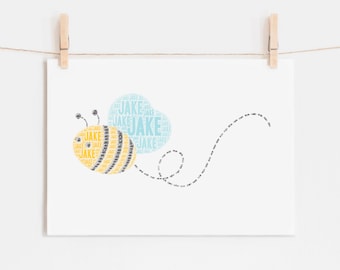 Personalized BEE Art Print, Custom Honey Bee Gift, Insect Nursery Wall Art, Bug Print Kids Room, Bee Decor, Typography Print, Name Art