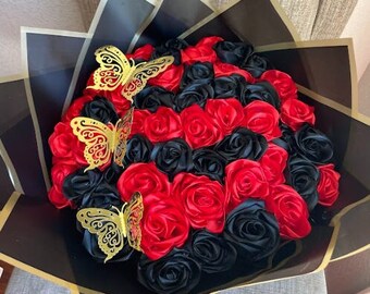 Rose Ribbon Bouquet artificial hecho a mano rosas eternas personalizadas ramo buchon para cumpleaños boda graduación regalo del día de la madre en cualquier ocasión