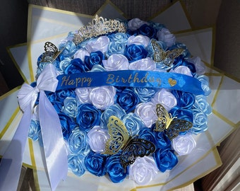 Rose Ribbon Bouquet artificial hecho a mano rosas eternas personalizadas ramo buchon para cumpleaños boda graduación regalo del día de la madre en cualquier ocasión