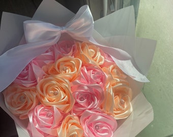 Rose Ribbon Bouquet artificial hecho a mano rosas eternas personalizadas ramo buchon para cumpleaños boda graduación regalo del día de la madre en cualquier ocasión