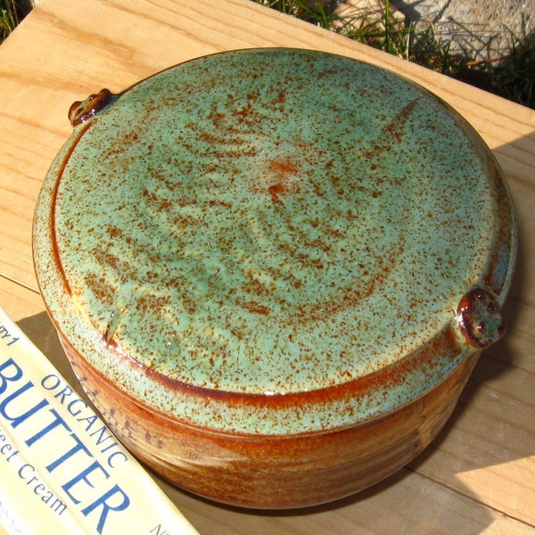 French Butter Crock with Fern Leaf Impressions in Speckled Green