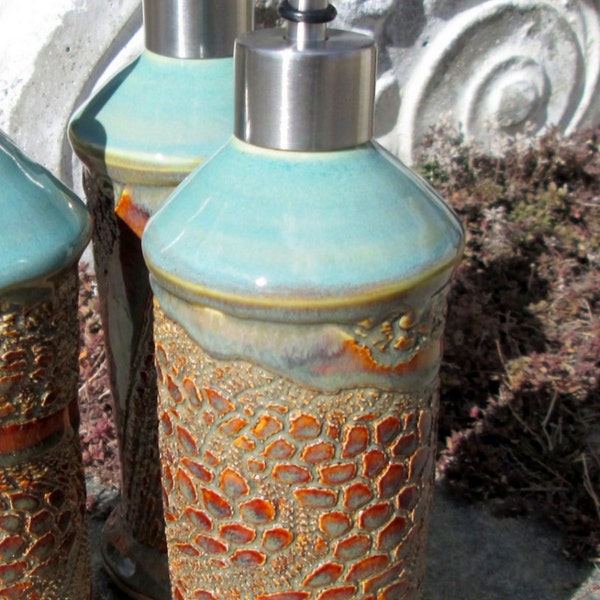 Olive Oil Bottle with Texture in Turquoise Green and Amber