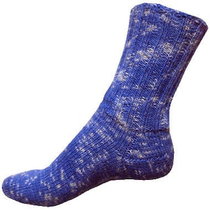 May include: Blue and white patterned socks with a ribbed cuff.