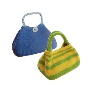 May include: Two small, handmade purses. One is blue with a patterned handle and a button closure. The other is yellow with green horizontal stripes and a green handle. Both purses have a rounded shape.