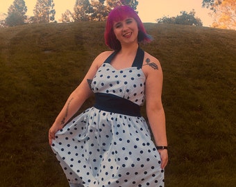 1950s Halter Dress in Navy Blue Polka Dots PLUS SIZE