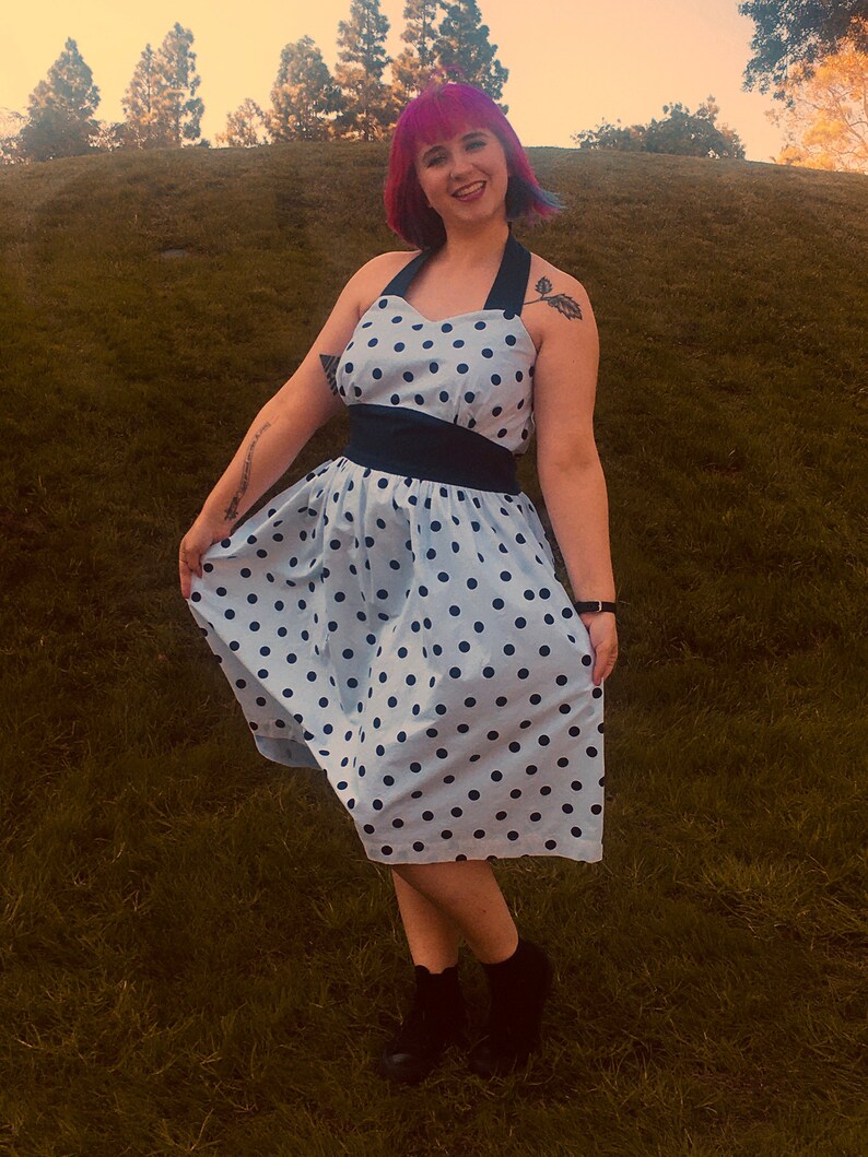 1950s Halter Dress in Navy Blue Polka Dots PLUS SIZE image 1