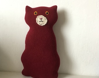 Flat Cat soft toy handmade recycled woollen kitten - red wine fine knit