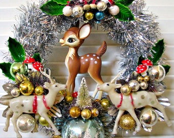 Shiny and Bright Vintage Christmas Wreath with Deer and More