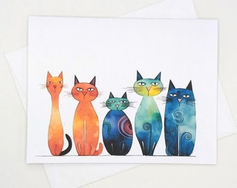 Colorful Cats Note Cards, set of 8, whimsical cat art, all occasion