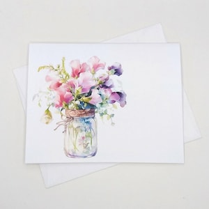 Sweet Peas Note Cards, set of 8, watercolor style, mason jar vase