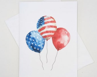 American Flag Balloons Note Card Set, Memorial Day, 4th of July, Patriotic, red white and blue