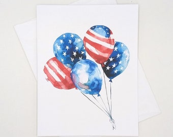 American Flag Balloons Note Card Set, Memorial Day, 4th of July, Patriotic, red white and blue