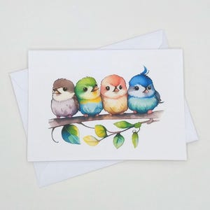 Birds Note Cards, 8 small 4-bar size matching note cards and envelopes, whimsical watercolor style bird, announcement size cards