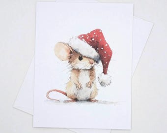 Cute Santa Mouse Christmas Card set, 8 matching note cards, whimsical holiday notes
