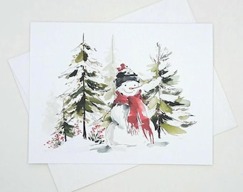 Snowman Christmas Cards, 8 matching note cards, watercolor style sketched snowman