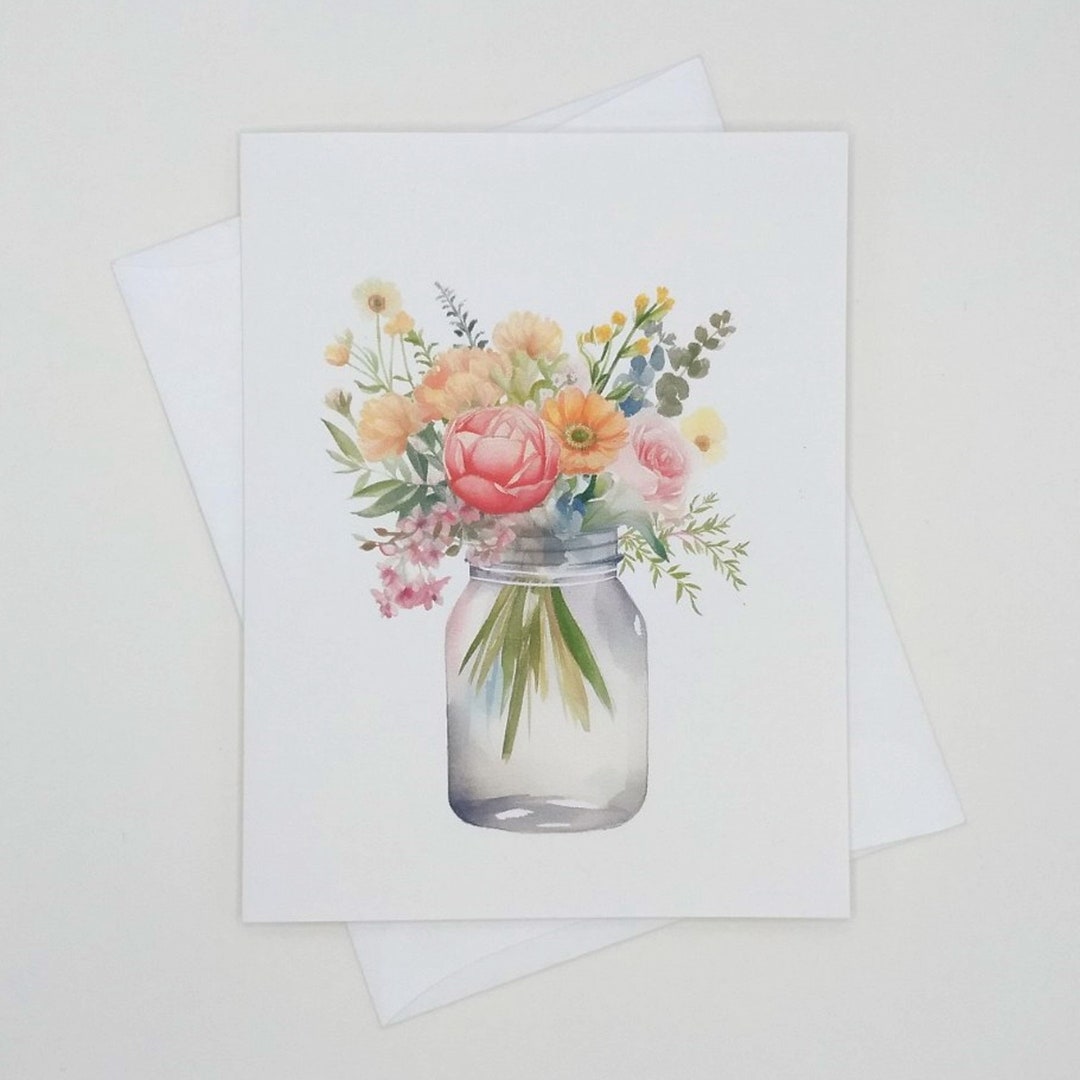 Bouquet of Flowers Card, Set of 8 Blank Folded Cards, Watercolor