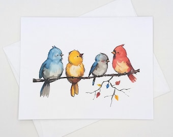 Colorful Birds on a Branch Note Cards, Set of 8 matching bird cards, blank inside