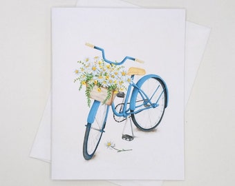 Bicycle Daisies Cards, 8 blank folded note cards, watercolor, notecards, bike, blue bicycle, daisy basket