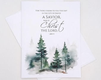 Luke 2:11 Religious Christmas Cards, set of 8, Christ the Lord scripture, evergreen trees