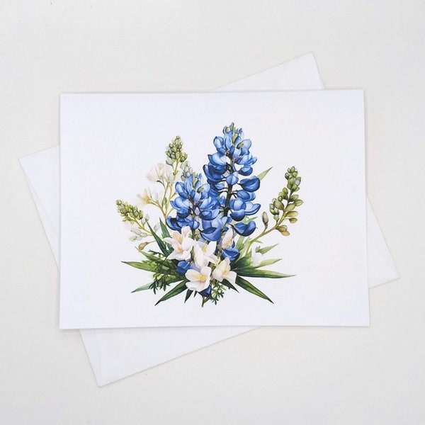 Bluebonnet Flowers Note Cards Set, 8 blank folded cards, watercolor floral, notecards, Texas Bluebonnets, blue wildflowers