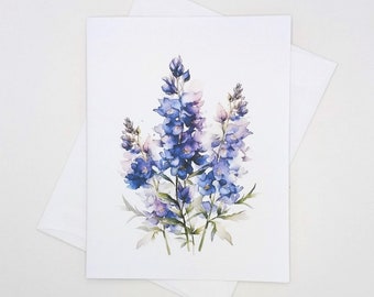 Delphinium Flowers Note Cards Set, 8 blank folded cards, botanical watercolor flowers, notecards, purple delphiniums