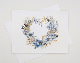 Blue Heart Cards, 8 blank folded note cards, watercolor flowers, blue flowers, floral wreath, wedding, Valentines Day