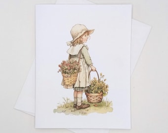 Girl With Flowers Note Cards Set, 8 blank folded cards, flower basket, watercolor flower, notecards, child