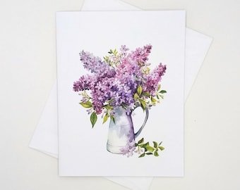Lilacs Bouquet Card Set, 8 blank folded cards, watercolor flower, purple lilac, notecards