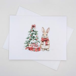 Sweet Bunny and Tree Christmas Cards, 8 matching blank inside holiday note cards