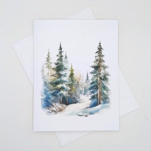 May include: Watercolor painting of a snowy forest scene with tall evergreen trees in shades of blue, green, and brown. The trees are clustered together, creating a sense of depth and perspective. The snow is depicted in a light blue and white wash, adding a touch of wintery magic to the scene.