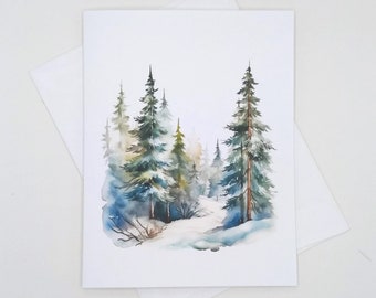 Evergreen Trees Note Cards Set, 8 blank folded cards, pine tree, forest, snow, winter landscape, Christmas, notecards