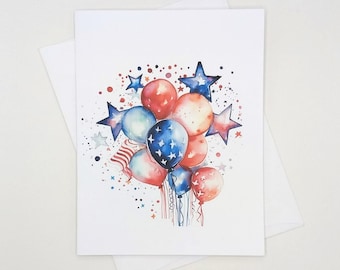 American Flag Balloons Note Card Set, Memorial Day, 4th of July, Patriotic, red white and blue