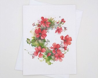 Red Geraniums Card, Set of 8 blank folded cards, watercolor flowers, notecards, geranium, garden, summer