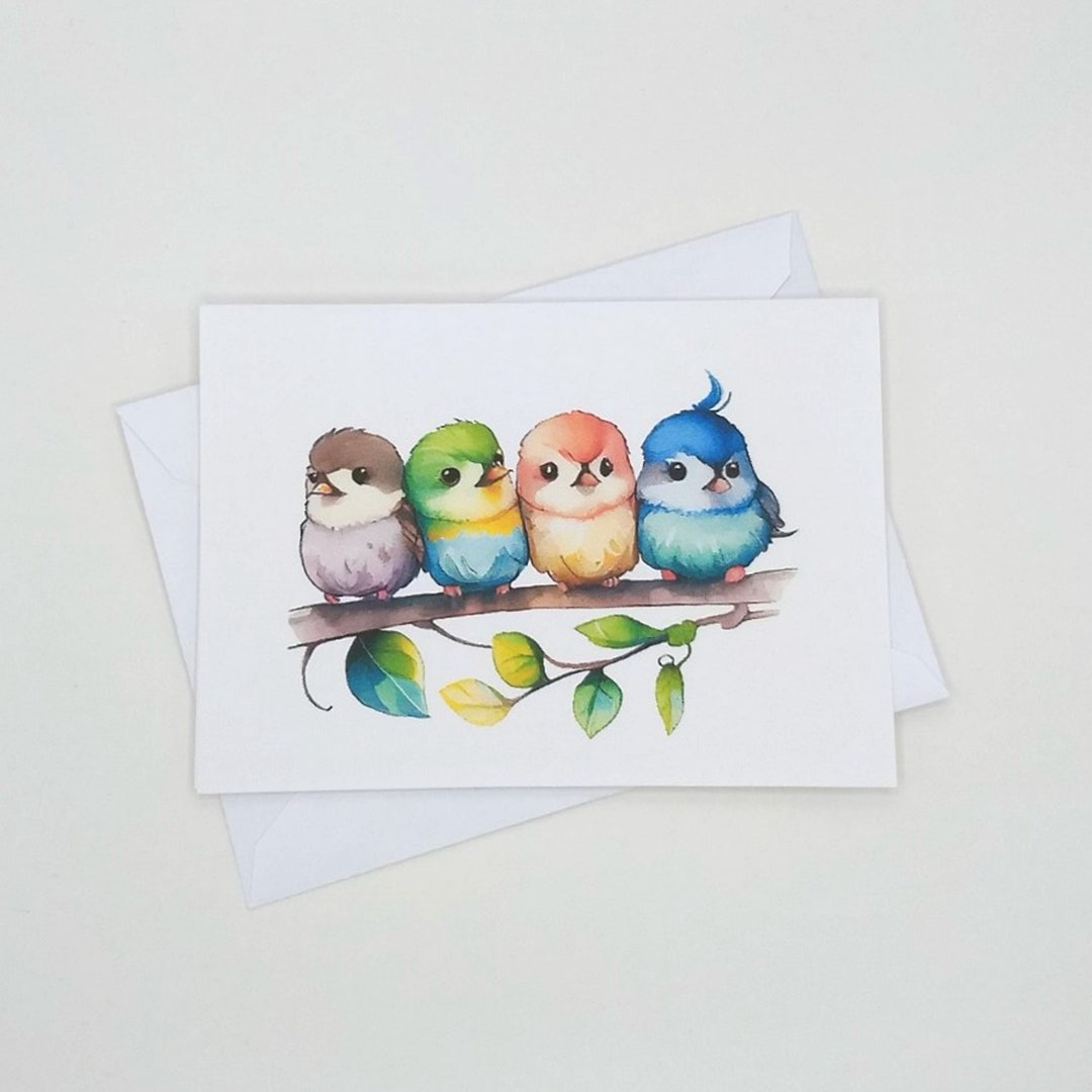Birds Note Cards, 8 Blank Folded Note Cards, Watercolor Bird, Animals
