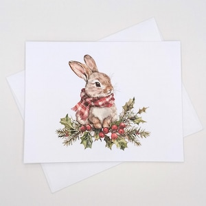 Whimsical Bunny Christmas Cards, set of 8 holiday rabbit note cards, blank inside