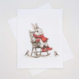 Whimsical Rabbit Christmas Cards, 8 matching note cards, bunny in rocking chair