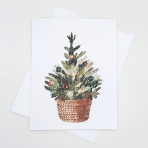 Christmas Tree Card Set, 8 matching note cards, decorated tree in basket