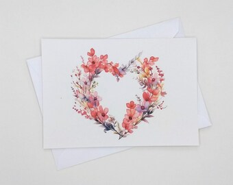 Heart Valentine Wedding Cards, set of 8 blank folded note cards, watercolor flowers, Valentines, Mother's Day, Bridal, love