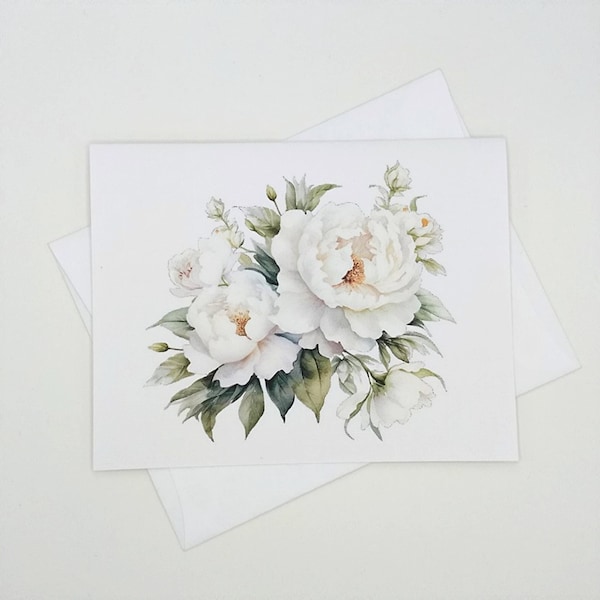 White Peony Cards, note card set, 8 blank folded cards, watercolor flowers, garden flowers, peonies, notecards