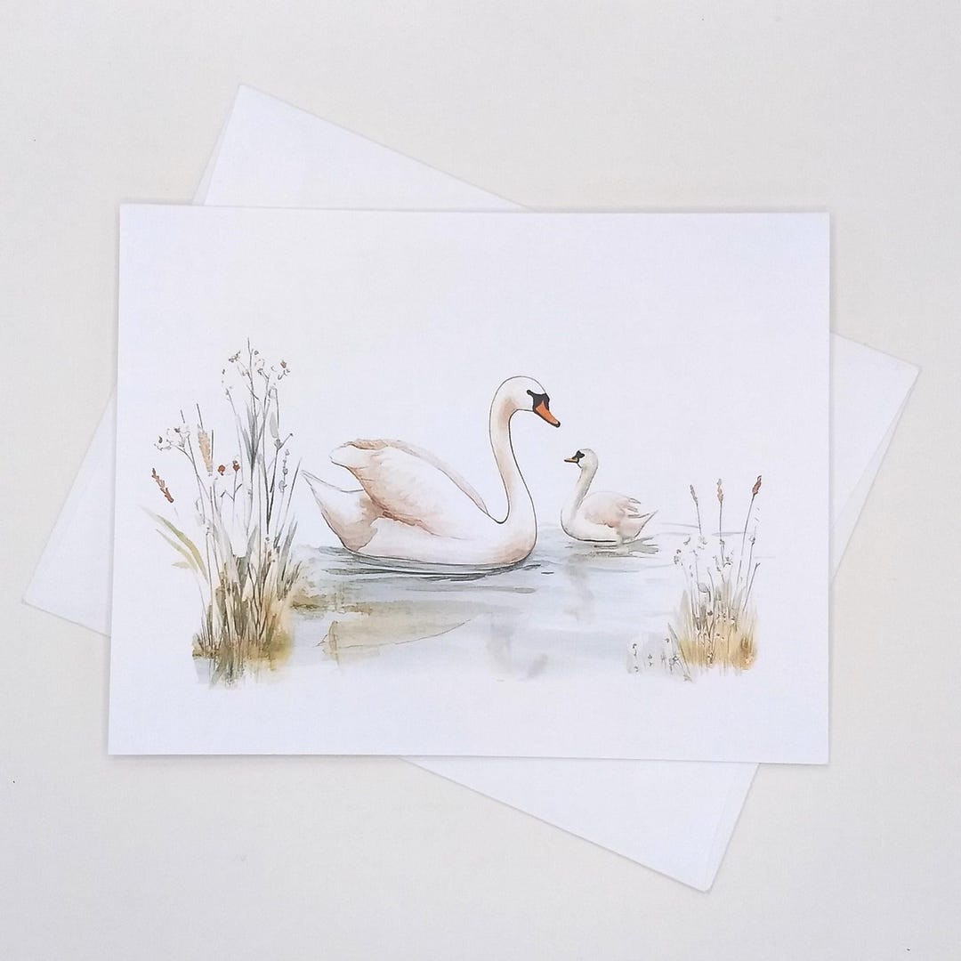 Swan Note Cards, Set of 8 Matching Blank Cards, Watercolor Mother and ...